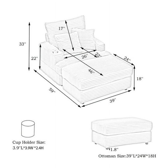 FFH Oversized Chair with Ottoman, Modern Accent Chair with Cup Holder, Corduroy Single Sofa Reading Chair for Living Room, Bedroom, Office