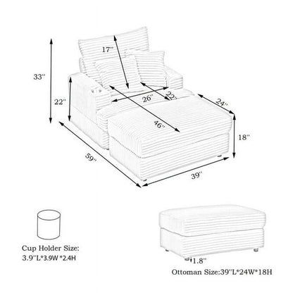 FFH Oversized Chair with Ottoman, Modern Accent Chair with Cup Holder, Corduroy Single Sofa Reading Chair for Living Room, Bedroom, Office