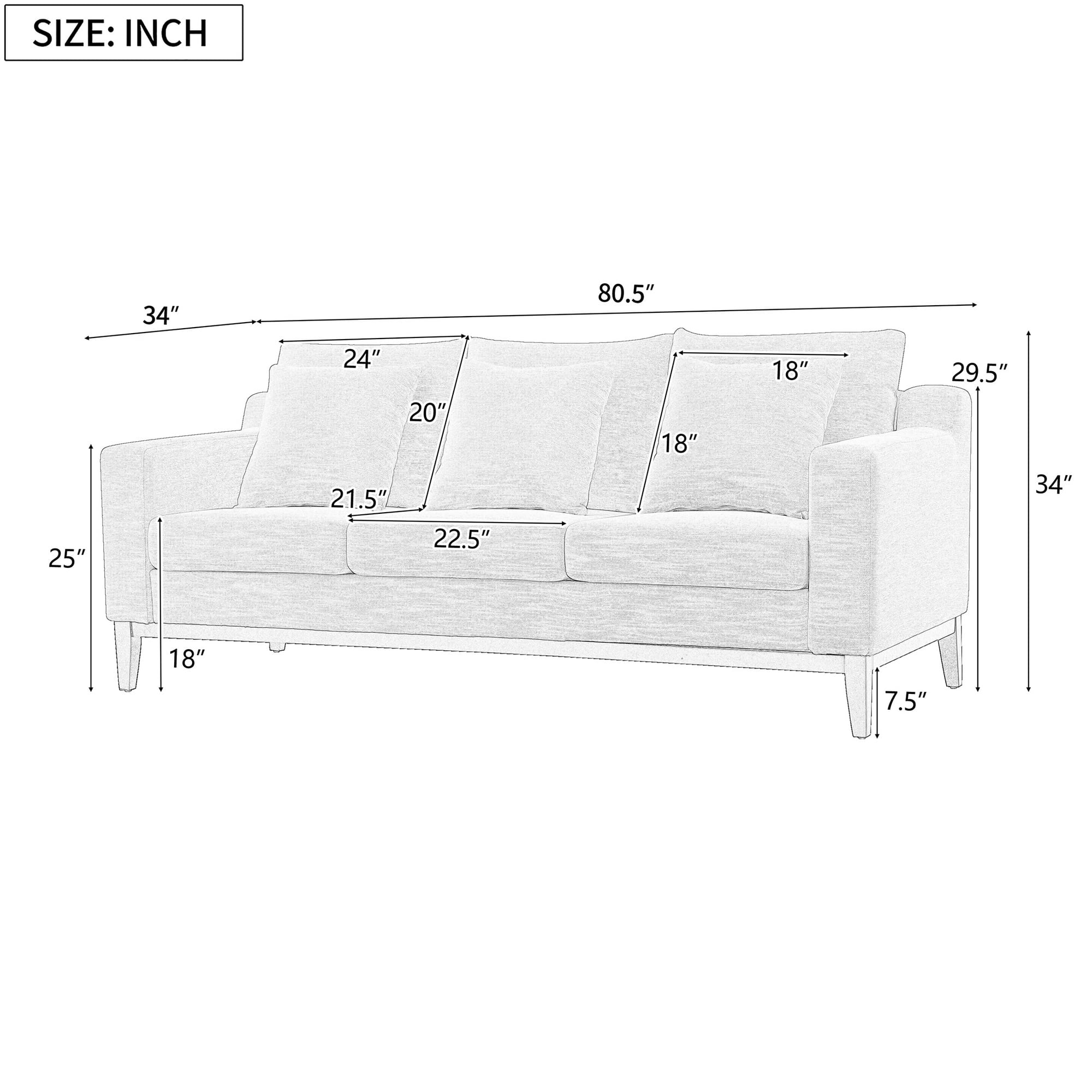 FFH 3-Seater Fabric Lounge Sofa with 3 Pillows &amp; Deep Seat, Modern Comfy Upholstered Couch with Wood Legs, 80.5&quot;*34&quot;*34&quot;