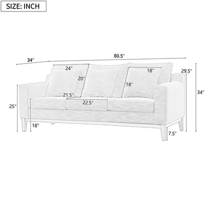 FFH 3-Seater Fabric Lounge Sofa with 3 Pillows &amp; Deep Seat, Modern Comfy Upholstered Couch with Wood Legs, 80.5&quot;*34&quot;*34&quot;