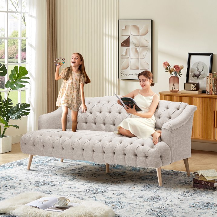 FFH 3-Seater Velvet Lounge Sofa with Tufted Backrest &amp; Deep Seat Cushion, Comfy Upholstered Couch with Wood Legs, 73.25&quot;*33.25&quot;*32.5&quot;