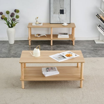 FFH Modern 2-Tier Coffee Table for Living Room Furniture,40 Inch Rectangular Center Table with Open Storage Shelf,Rounded Rubberwood legs,Stable and Durable,Easy Assembly