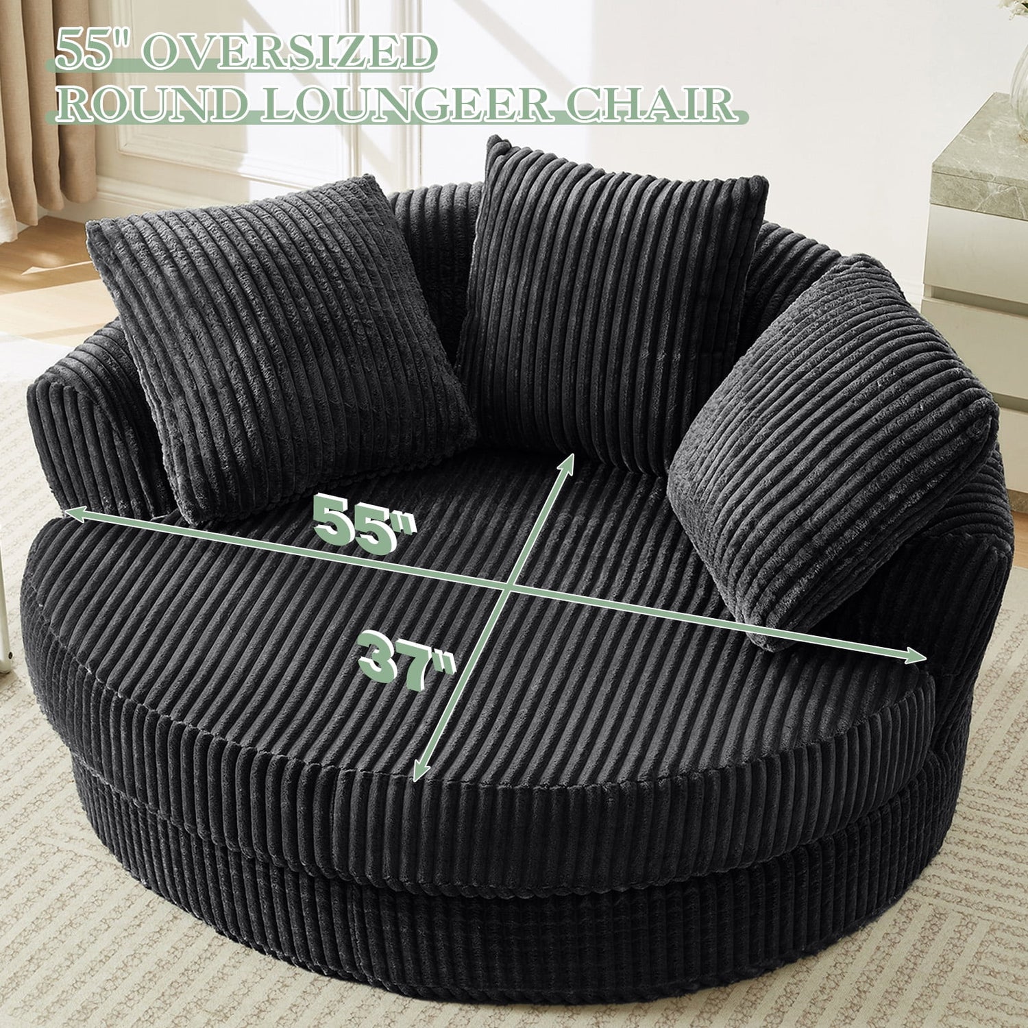 Muumblus 61" Oversized Round Boneless Lounge Chaise Chair Indoor, Corduroy Deep Seat Cloud Couch Sleeper Sofa Bed with 3 Pillows, No Assembly Barrel Chair for Living Room, Gray