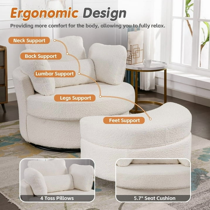 FFH 42&quot; Oversized Swivel Accent Chair with Storage Ottoman, Comfy Teddy Armchair for Living Room, 360-Degree Swivel Barrel Chair, Metal Base