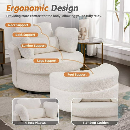 FFH 42&quot; Oversized Swivel Accent Chair with Storage Ottoman, Comfy Teddy Armchair for Living Room, 360-Degree Swivel Barrel Chair, Metal Base