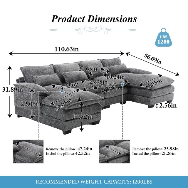 FFH Chenille Sectional Sofa with 2 Chaise, 110.6&quot; Large Reversible Modular Sofa, Modern U-Shaped Sofa Couch for Living Room, Dark Gray