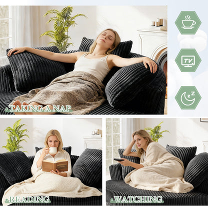 Muumblus 61" Oversized Round Boneless Lounge Chaise Chair Indoor, Corduroy Deep Seat Cloud Couch Sleeper Sofa Bed with 3 Pillows, No Assembly Barrel Chair for Living Room, Gray