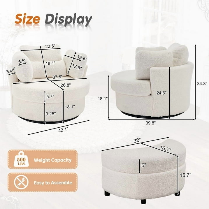 FFH 42&quot; Oversized Swivel Accent Chair with Storage Ottoman, Comfy Teddy Armchair for Living Room, 360-Degree Swivel Barrel Chair, Metal Base