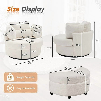 FFH 42&quot; Oversized Swivel Accent Chair with Storage Ottoman, Comfy Teddy Armchair for Living Room, 360-Degree Swivel Barrel Chair, Metal Base