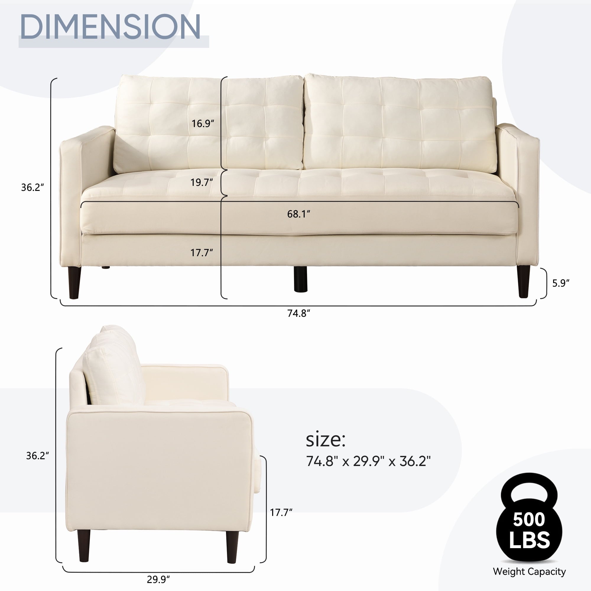 FFH 75 &quot; Fabric Tufted Upholstered Sofa Couch with Square Arm, Modern 3 Seater Sofa for Living Room, Beige