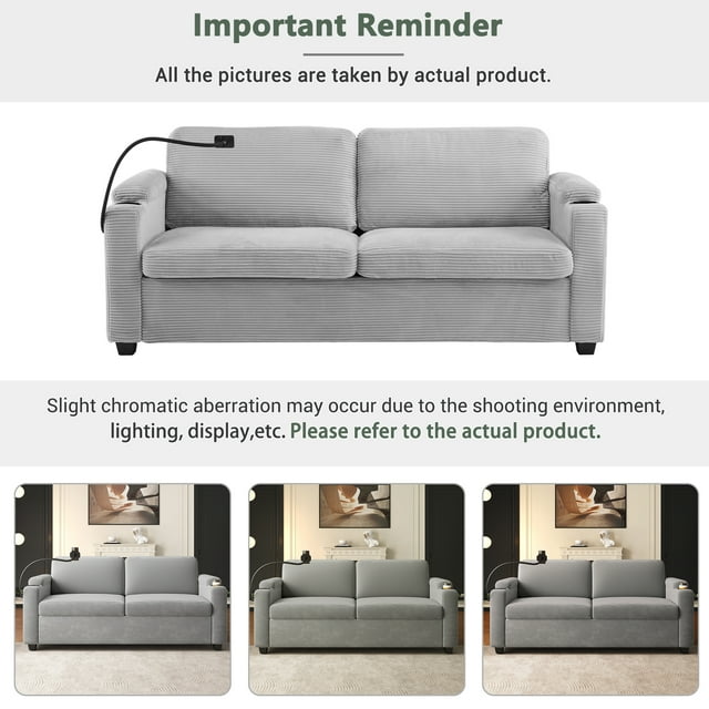 FFH Convertible Pull Out Sofa with USB Ports &amp; Phone Holder, Upholstered Corduroy Sleeper Sofa with Side Pockets and Cup Holders, Loveseat Lounge Couch for Living Room