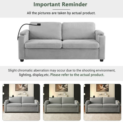 FFH Convertible Pull Out Sofa with USB Ports &amp; Phone Holder, Upholstered Corduroy Sleeper Sofa with Side Pockets and Cup Holders, Loveseat Lounge Couch for Living Room