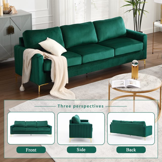 FFH 85 inch Sofa Couch, 3 Seater Loveseat Sofa, Mid Century Modern Tufted Velvet Couch for Living Room, Living Room Furniture Sets, Green