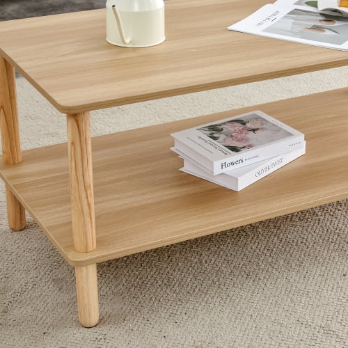 FFH Modern 2-Tier Coffee Table for Living Room Furniture,40 Inch Rectangular Center Table with Open Storage Shelf,Rounded Rubberwood legs,Stable and Durable,Easy Assembly