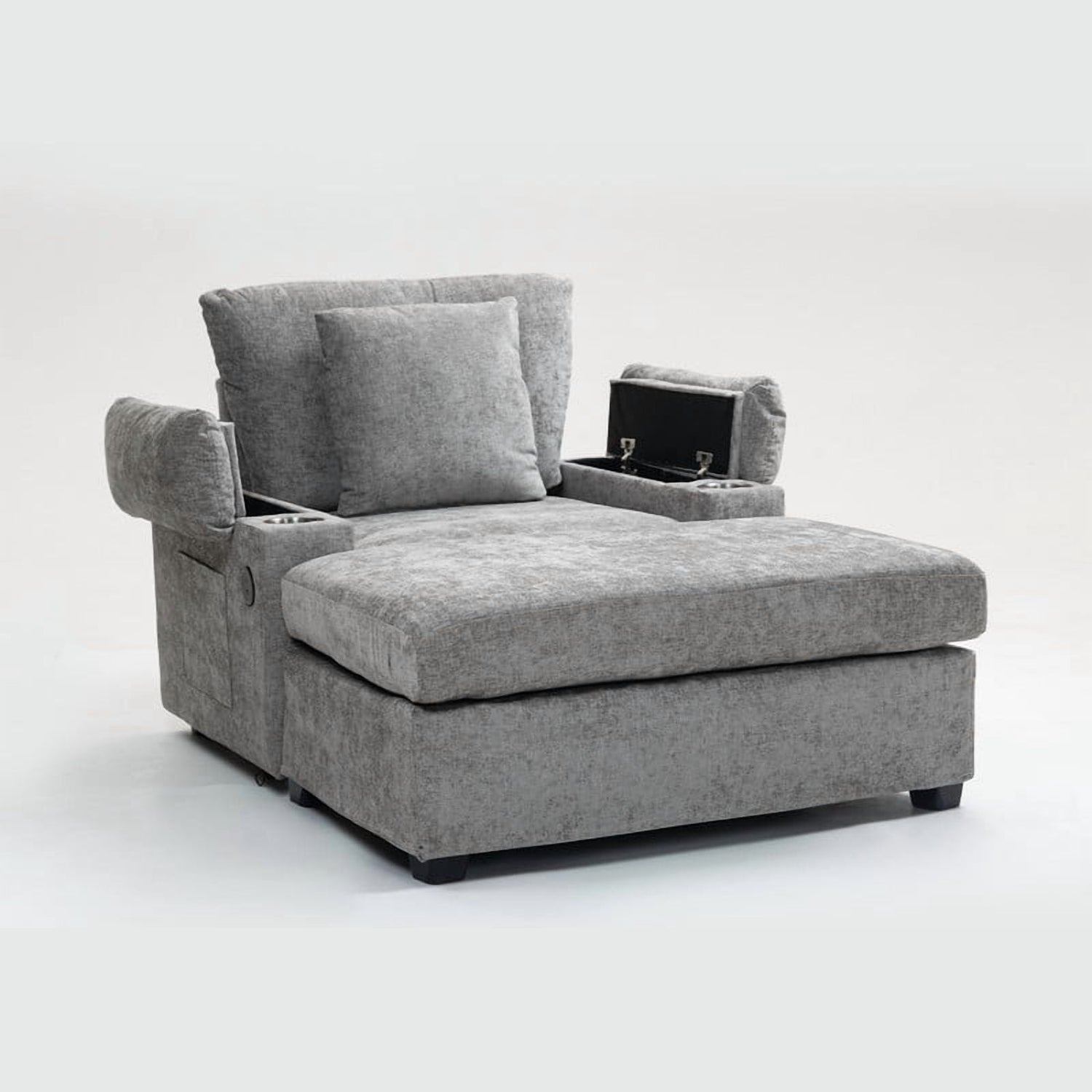 FFH Accent Chair, Modern Oversized Chair with Ottoman, Chenille Comfy Sofa Bed with Cup Holders, Charging Ports and Storage Space