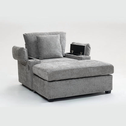 FFH Accent Chair, Modern Oversized Chair with Ottoman, Chenille Comfy Sofa Bed with Cup Holders, Charging Ports and Storage Space