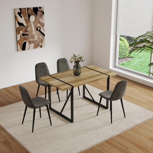 FFH MDF Wood Colour Dining Table and Modern Dining Chairs Set of 4, Mid Century Wooden Kitchen Table Set, Metal Base &amp; Legs, Dining Room Table and Suede Chairs