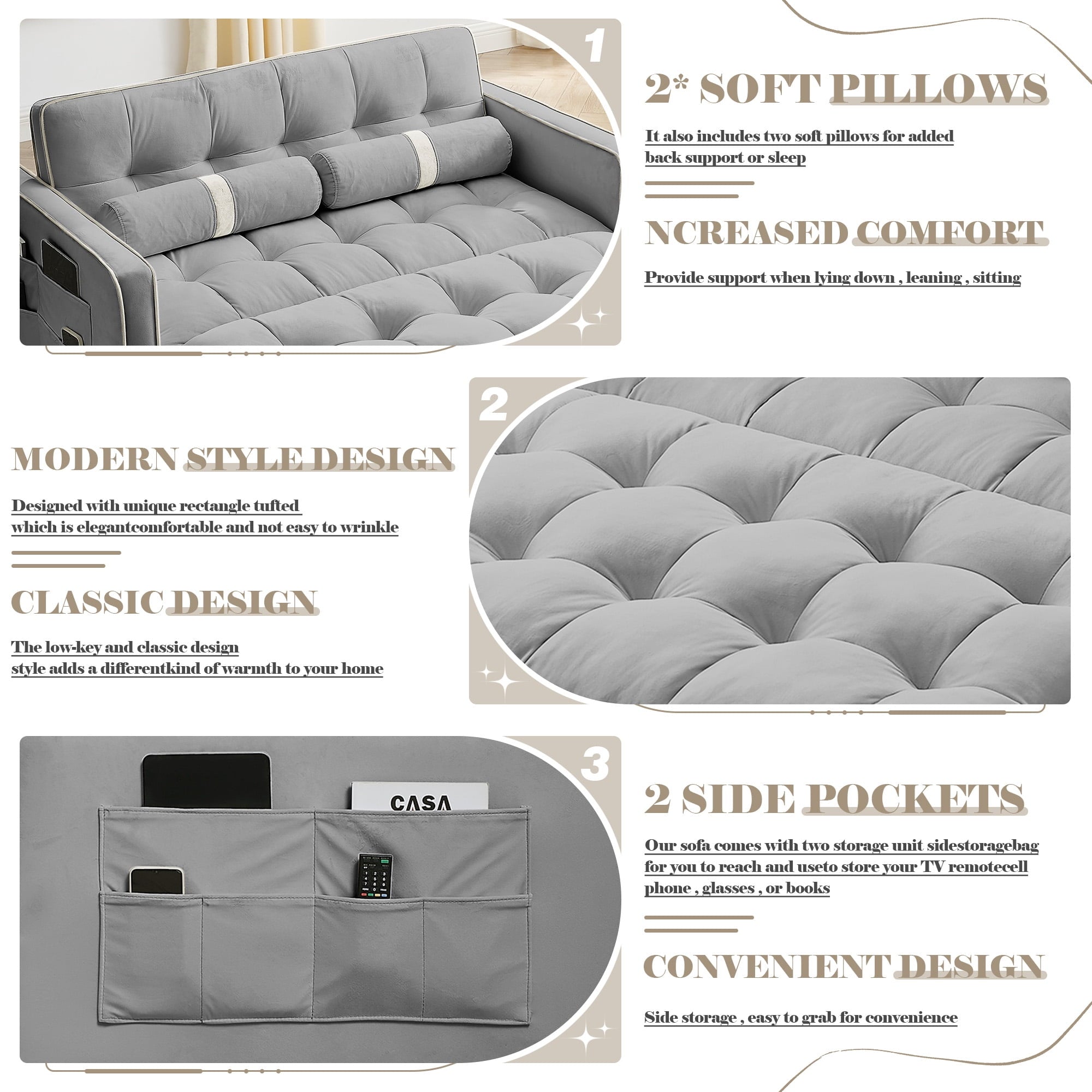 Dinosisco Convertible Sofa Bed, 55&quot; Pull Out Sofa Bed - Tufted Velvet Loveseat Sleeper Sofa Couch for Living Room, Gray