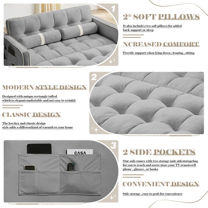 Dinosisco Convertible Sofa Bed, 55&quot; Pull Out Sofa Bed - Tufted Velvet Loveseat Sleeper Sofa Couch for Living Room, Gray