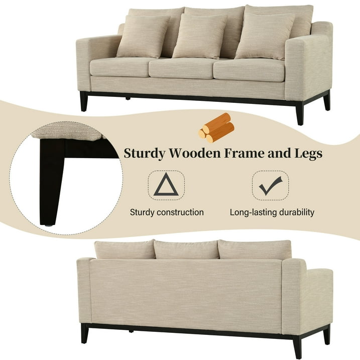 FFH 3-Seater Fabric Lounge Sofa with 3 Pillows &amp; Deep Seat, Modern Comfy Upholstered Couch with Wood Legs, 80.5&quot;*34&quot;*34&quot;