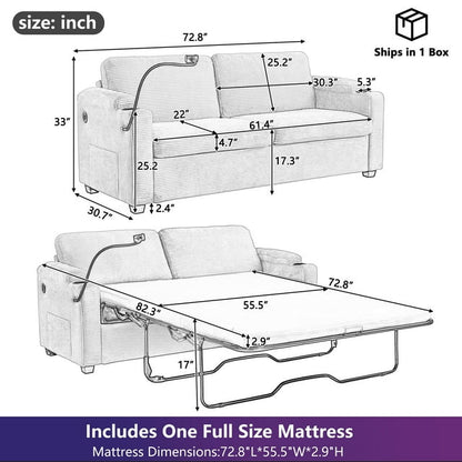 FFH Convertible Pull Out Sofa with USB Ports &amp; Phone Holder, Upholstered Corduroy Sleeper Sofa with Side Pockets and Cup Holders, Loveseat Lounge Couch for Living Room