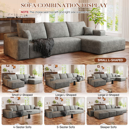 FFH 107&quot; Cloud Sectional Sofa with Right Chaise, Cozy L-Shaped Modular Sofa, Plush Corduroy Sleeper Bed Couch, No Assembly Required, Gray