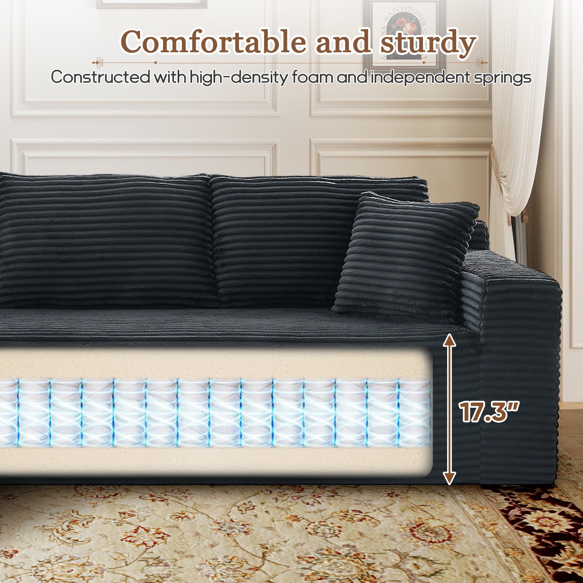 FFH Modular Sectional Sofa, Oversized L-Shape Cloud Couch, Modern Corduroy Sleeper Couches for Living Room, No Assembly Required, Dark Grey (Right Facing Chaise)