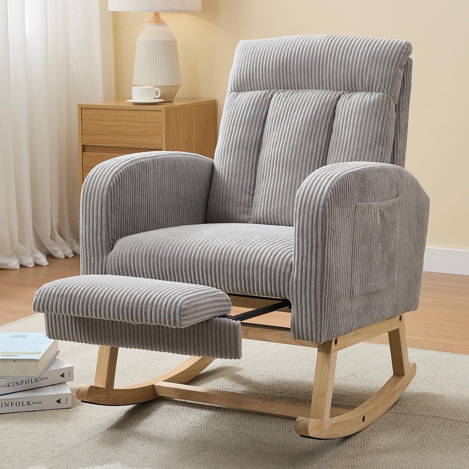 FFH Accent Chair Nursery Rocking Chair,Corduroy Upholstered Armchairs with Adjustable Footrest,Tufted Rocker Chair with Side Pocket,Glider Rocker for Living Room,Bedroom