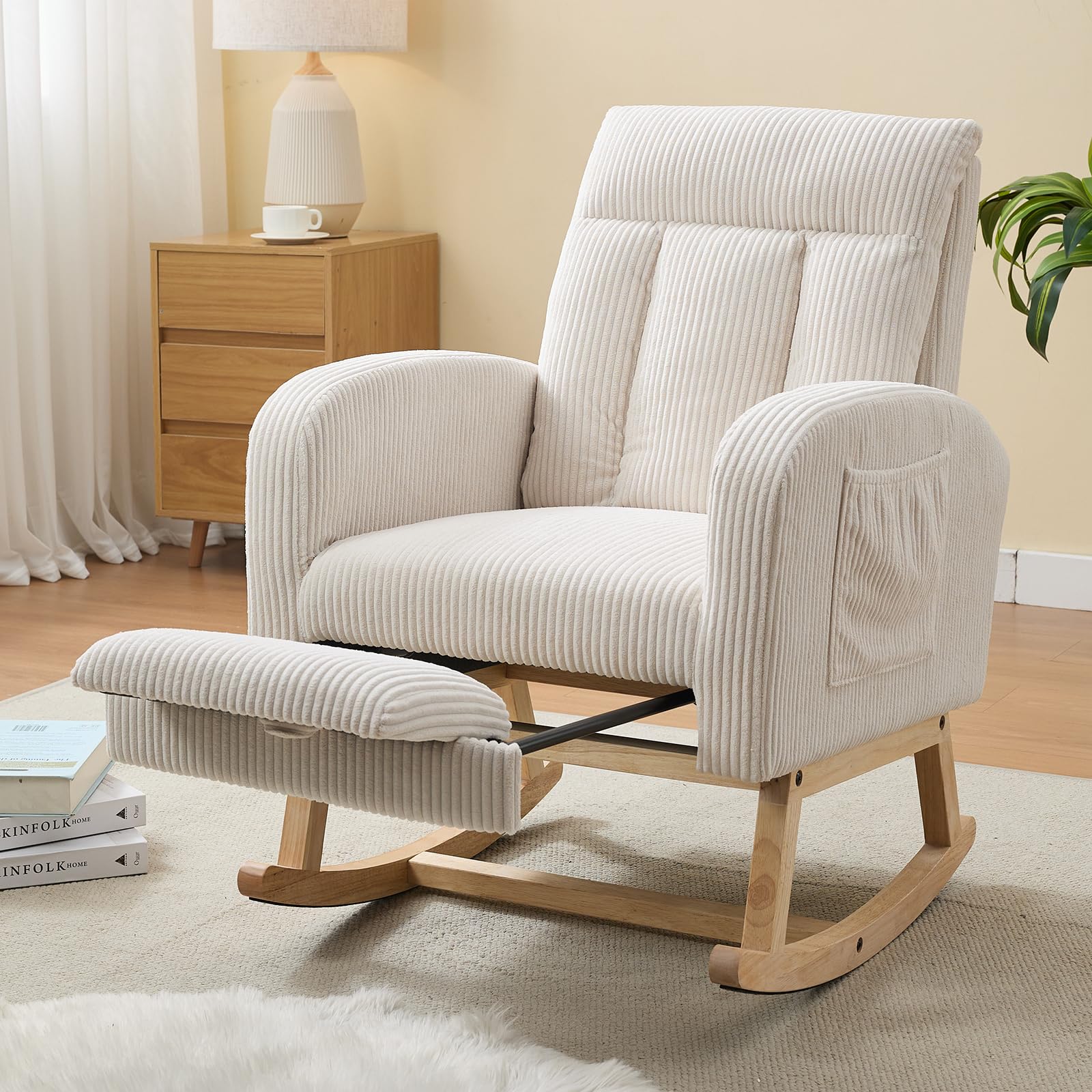 FFH Accent Chair Nursery Rocking Chair,Corduroy Upholstered Armchairs with Adjustable Footrest,Tufted Rocker Chair with Side Pocket,Glider Rocker for Living Room,Bedroom