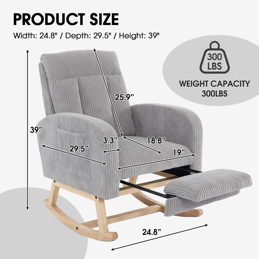 FFH Accent Chair Nursery Rocking Chair,Corduroy Upholstered Armchairs with Adjustable Footrest,Tufted Rocker Chair with Side Pocket,Glider Rocker for Living Room,Bedroom