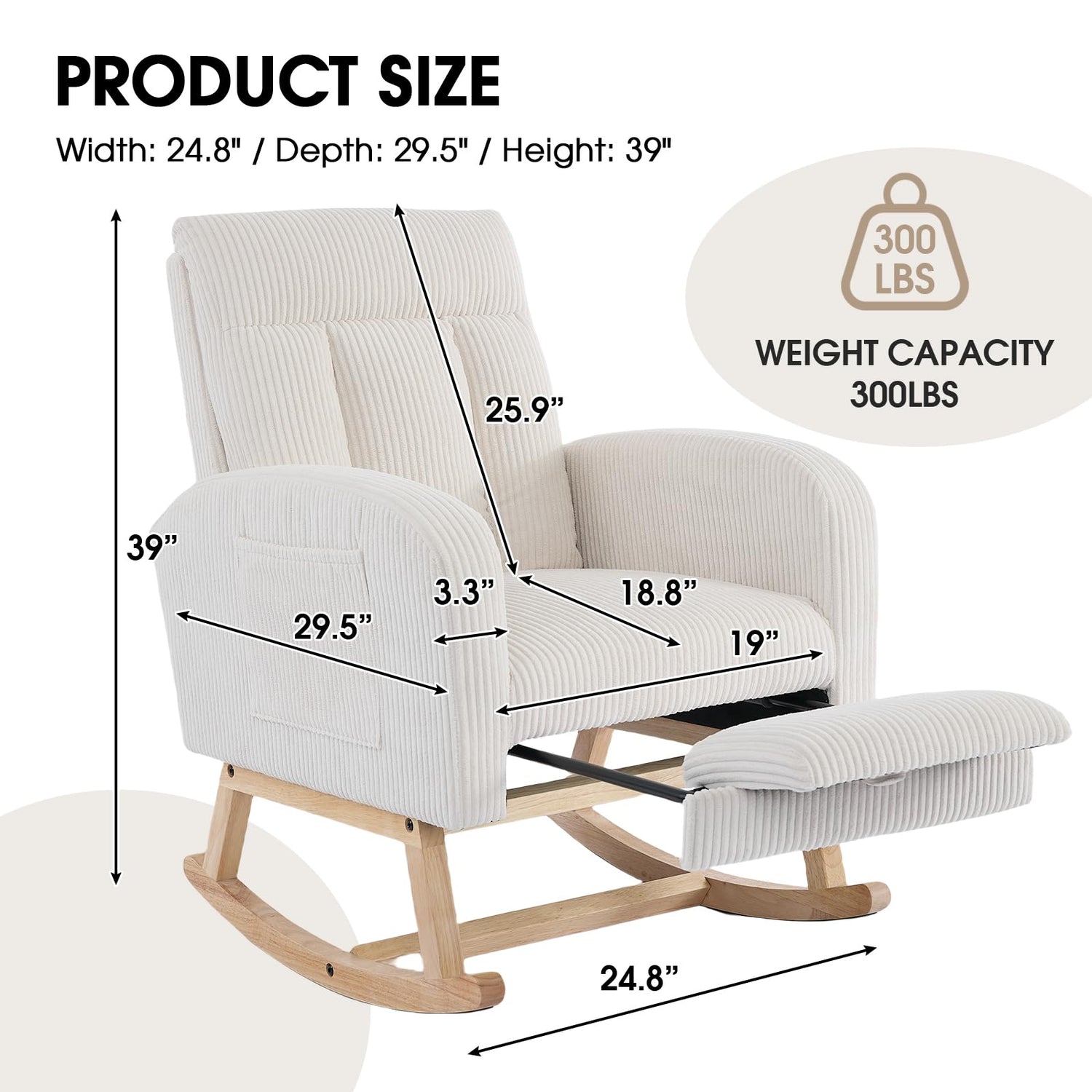 FFH Accent Chair Nursery Rocking Chair,Corduroy Upholstered Armchairs with Adjustable Footrest,Tufted Rocker Chair with Side Pocket,Glider Rocker for Living Room,Bedroom