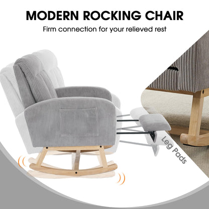 FFH Accent Chair Nursery Rocking Chair,Corduroy Upholstered Armchairs with Adjustable Footrest,Tufted Rocker Chair with Side Pocket,Glider Rocker for Living Room,Bedroom