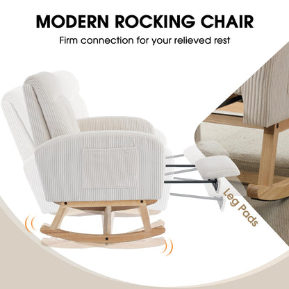 FFH Accent Chair Nursery Rocking Chair,Corduroy Upholstered Armchairs with Adjustable Footrest,Tufted Rocker Chair with Side Pocket,Glider Rocker for Living Room,Bedroom